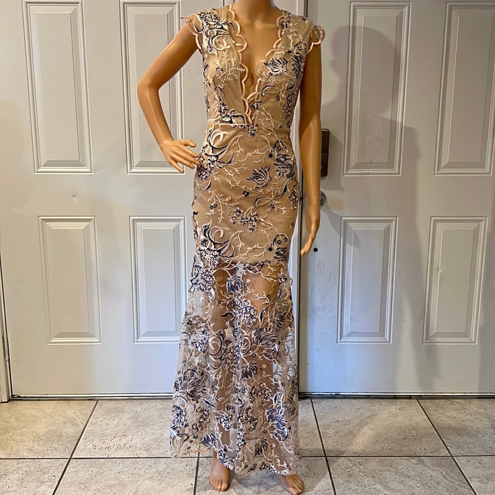 Banjul Nude and Navy Lace Embroidered Gown